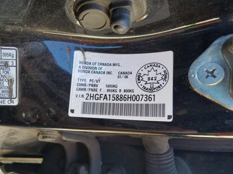 2006 Honda Civic მანქანა იყიდება აუქციონზე, vin: 2HGFA15886H007361, აუქციონის ნომერი: 78867795