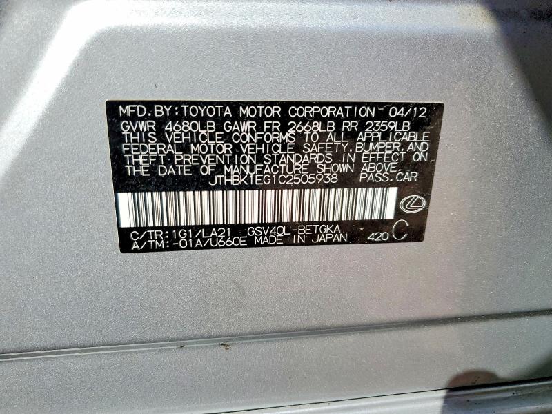 45927076 :رقم المزاد ، JTHBK1EG1C2505938 vin ، 2012 Lexus Es 350 مزاد بيع