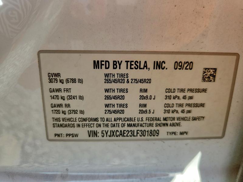 2020 Tesla Model X მანქანა იყიდება აუქციონზე, vin: 5YJXCAE23LF301809, აუქციონის ნომერი: 46554286