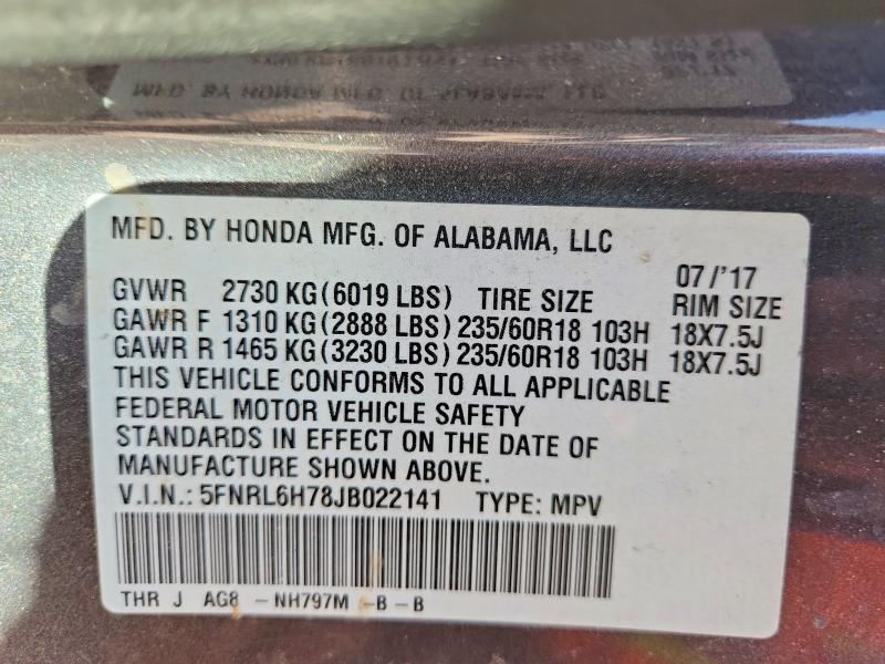 Продаж на аукціоні авто 2018 Honda Odyssey, vin: 5FNRL6H78JB022141, номер лоту: 47749186
