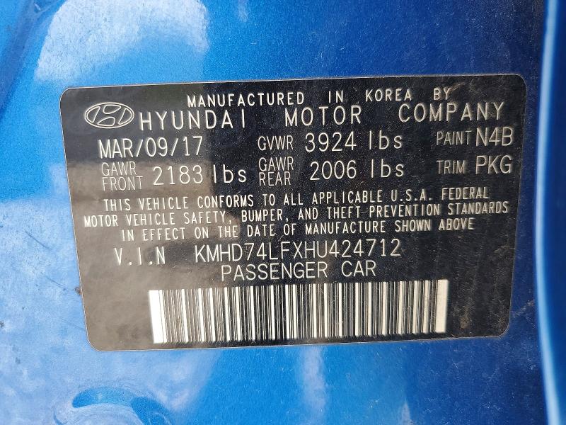 2017 Hyundai Elantra მანქანა იყიდება აუქციონზე, vin: KMHD74LFXHU424712, აუქციონის ნომერი: 47222836