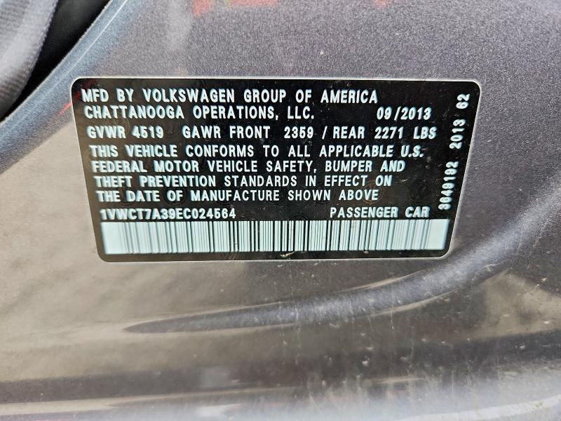 2014 Volkswagen Passat მანქანა იყიდება აუქციონზე, vin: 1VWCT7A39EC024564, აუქციონის ნომერი: 47813786