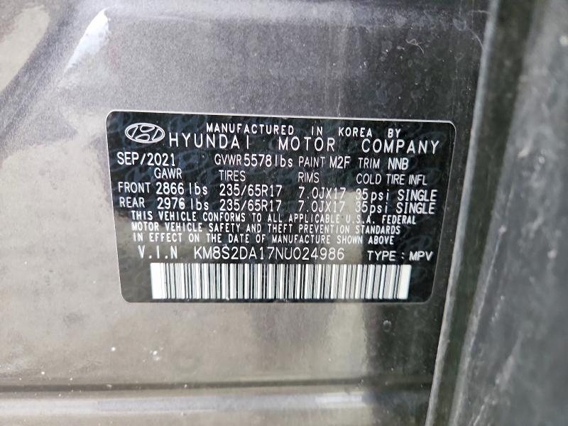 Aukcja sprzedaży 2022 Hyundai Santa Fe Hybrid, vin: KM8S2DA17NU024986, numer aukcji: 47748386
