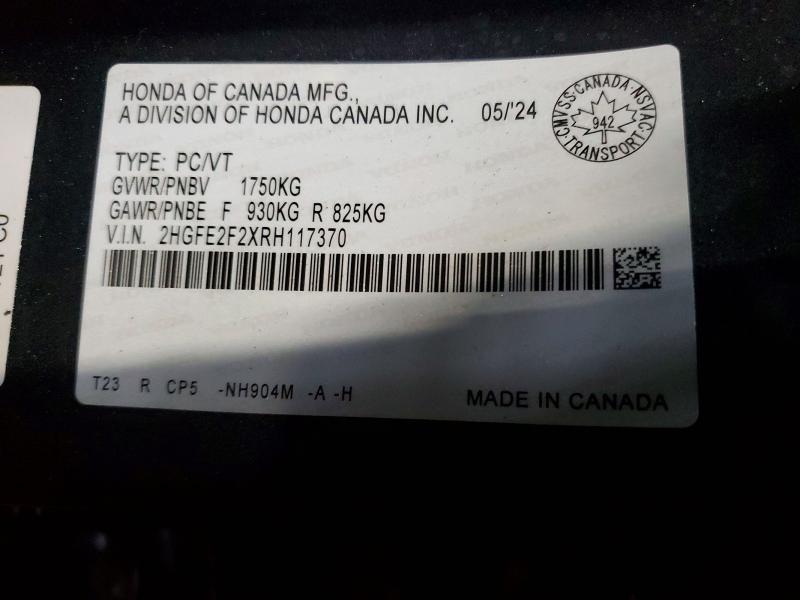 45541906 :رقم المزاد ، 2HGFE2F2XRH117370 vin ، 2024 Honda Civic مزاد بيع
