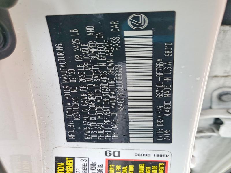 45599806 :رقم المزاد ، 58AGZ1B18LU068323 vin ، 2020 Lexus Es 350 مزاد بيع