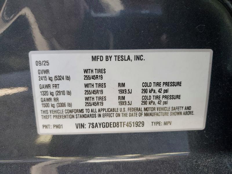 Aukcja sprzedaży 2026 Tesla Model Y, vin: 7SAYGDED8TF451929, numer aukcji: 41601456