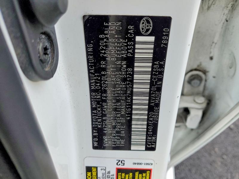 2021 Toyota Camry მანქანა იყიდება აუქციონზე, vin: 4T1G11AK7MU571738, აუქციონის ნომერი: 41816336
