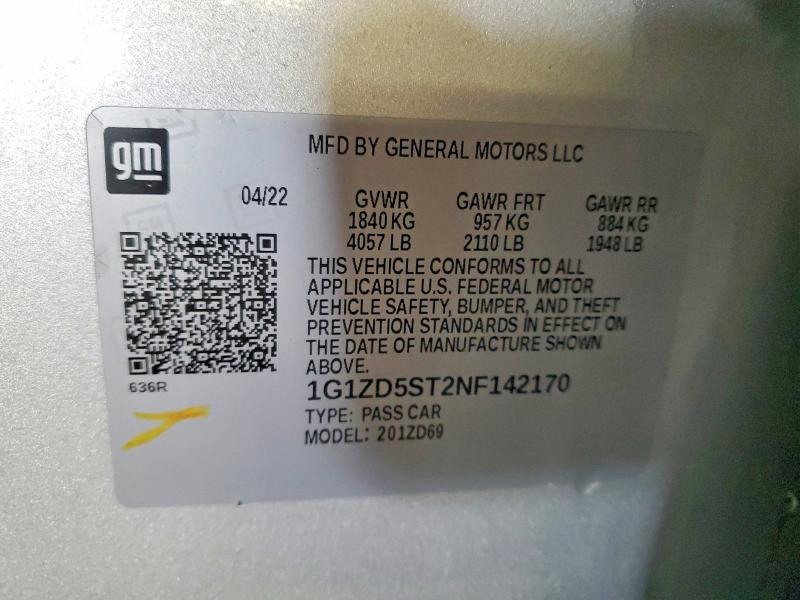 Продаж на аукціоні авто 2022 Chevrolet Malibu, vin: 1G1ZD5ST2NF142170, номер лоту: 45626436