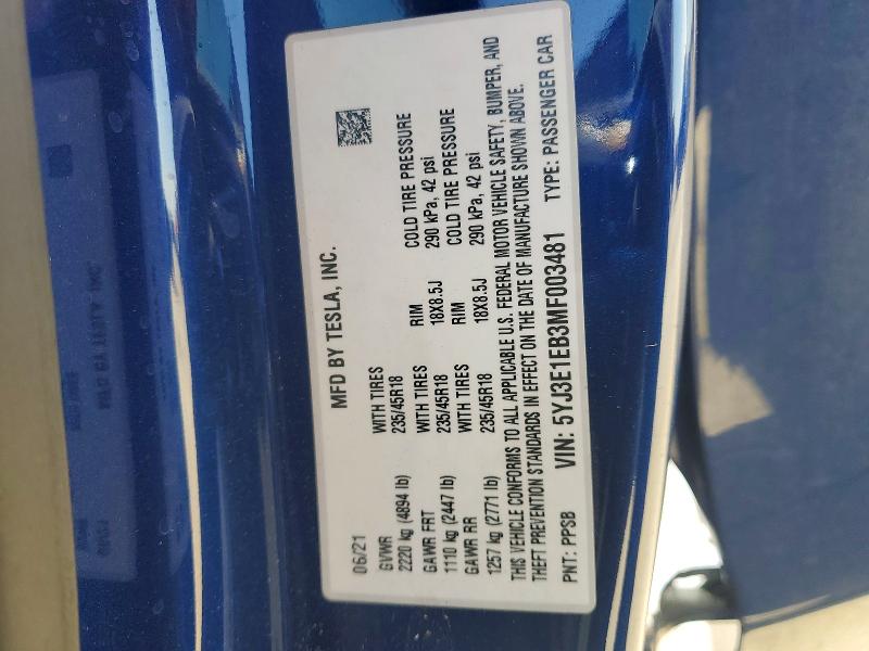 46385326 :رقم المزاد ، 5YJ3E1EB3MF003481 vin ، 2021 Tesla Model 3 مزاد بيع