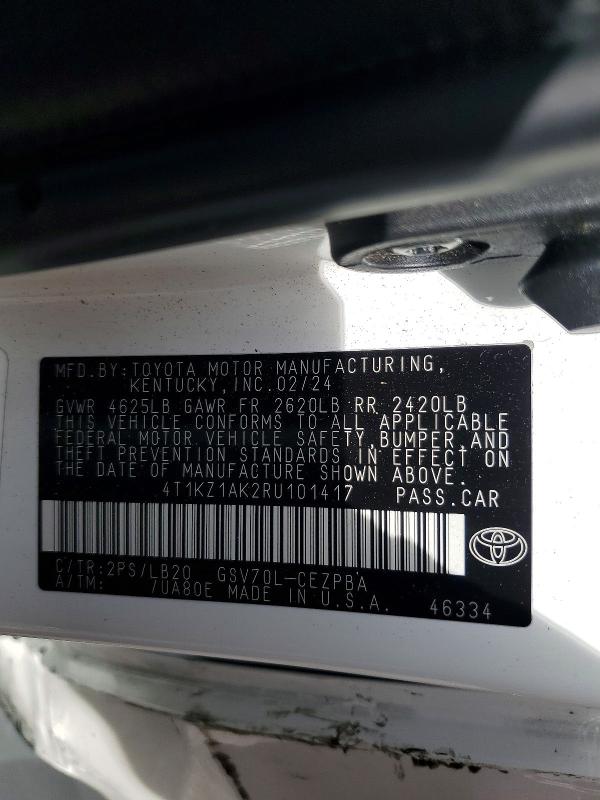 41652246 :رقم المزاد ، 4T1KZ1AK2RU101417 vin ، 2024 Toyota Camry مزاد بيع