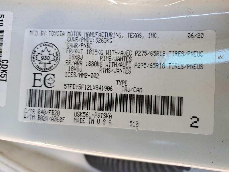 77588085 :رقم المزاد ، 5TFDY5F12LX941906 vin ، 2020 Toyota Tundra مزاد بيع