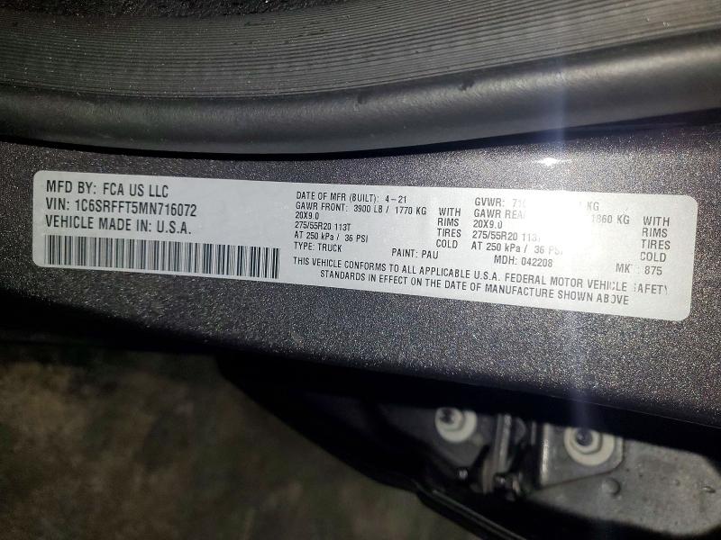 78625105 :رقم المزاد ، 1C6SRFFT5MN716072 vin ، 2021 Ram 1500 مزاد بيع