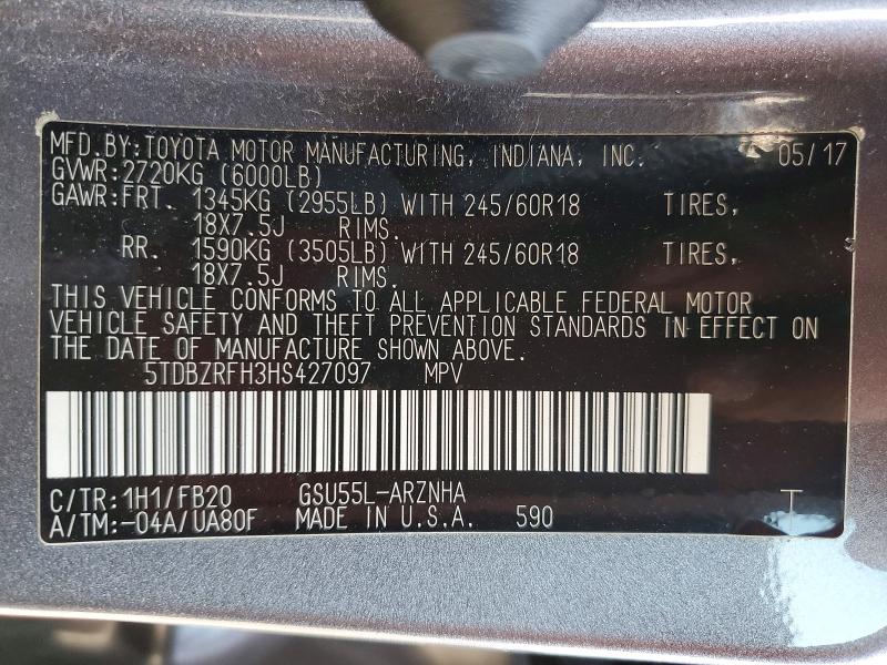 41935106 :رقم المزاد ، 5TDBZRFH3HS427097 vin ، 2017 Toyota Highlander مزاد بيع