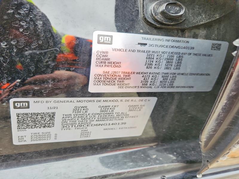 46091626 :رقم المزاد ، 3GTU9CED6NG140139 vin ، 2022 Gmc Sierra Limited مزاد بيع
