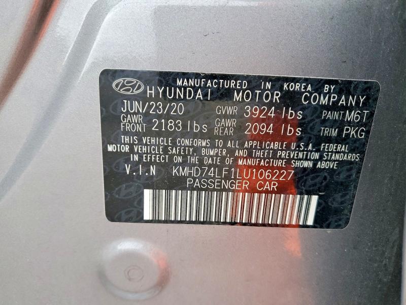46234416 :رقم المزاد ، KMHD74LF1LU106227 vin ، 2020 Hyundai Elantra مزاد بيع