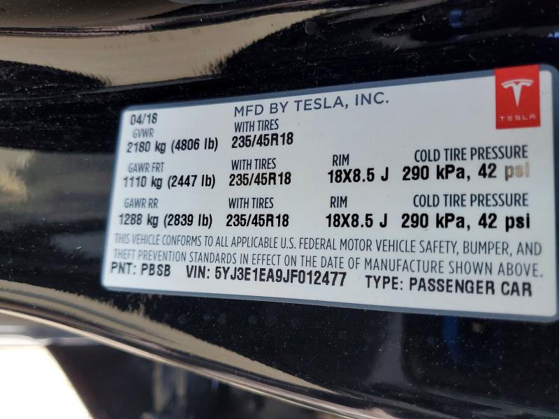 79627015 :رقم المزاد ، 5YJ3E1EA9JF012477 vin ، 2018 Tesla Model 3 مزاد بيع