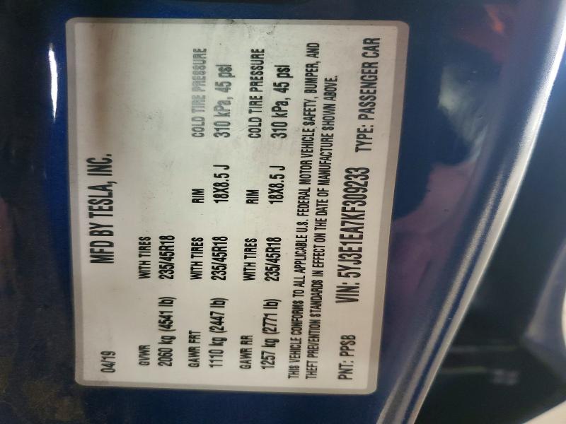 48060976 :رقم المزاد ، 5YJ3E1EA7KF309233 vin ، 2019 Tesla Model 3 مزاد بيع