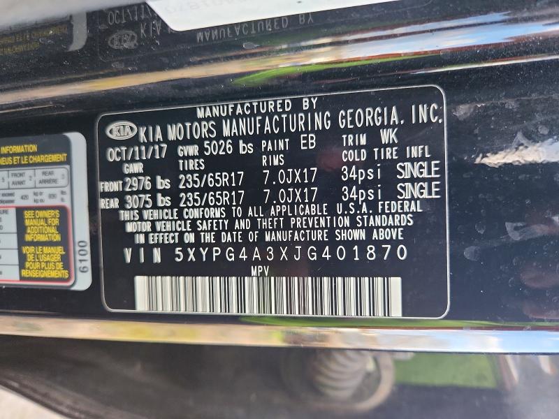 Продаж на аукціоні авто 2018 Kia Sorento, vin: 5XYPG4A3XJG401870, номер лоту: 79396685