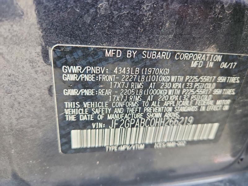 2017 Subaru Crosstrek მანქანა იყიდება აუქციონზე, vin: JF2GPABC0HH266219, აუქციონის ნომერი: 79949845