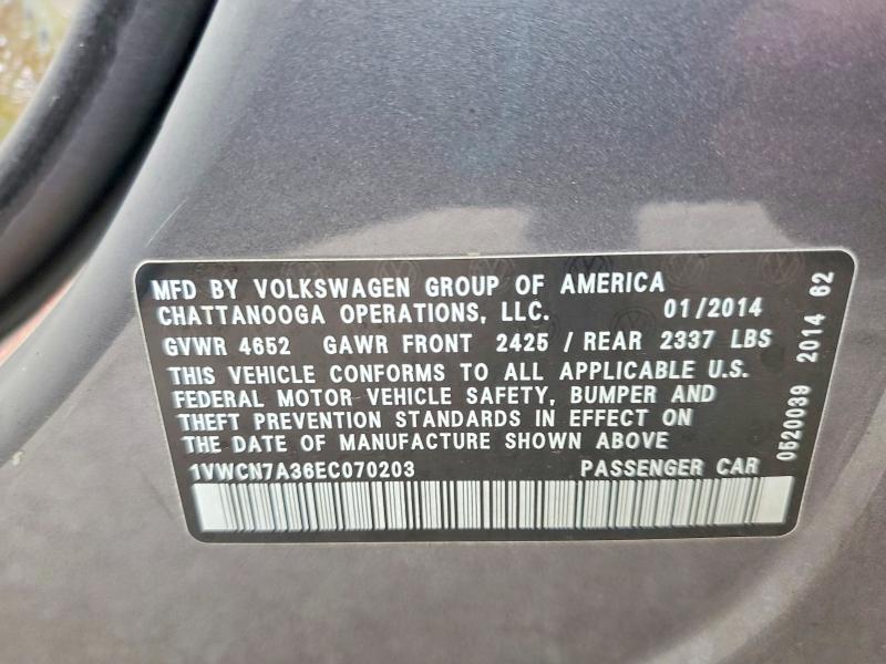 Продаж на аукціоні авто 2014 Volkswagen Passat, vin: 1VWCN7A36EC070203, номер лоту: 46735746
