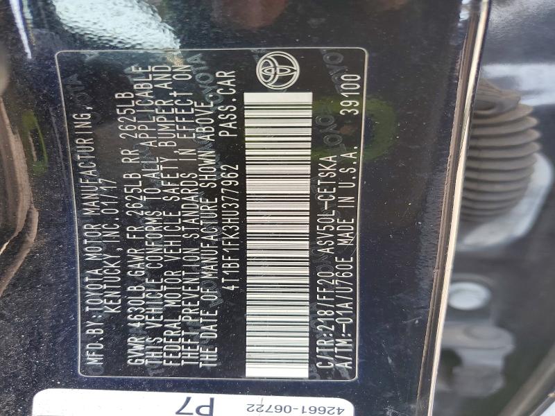 2017 Toyota Camry მანქანა იყიდება აუქციონზე, vin: 4T1BF1FK3HU377962, აუქციონის ნომერი: 47022586