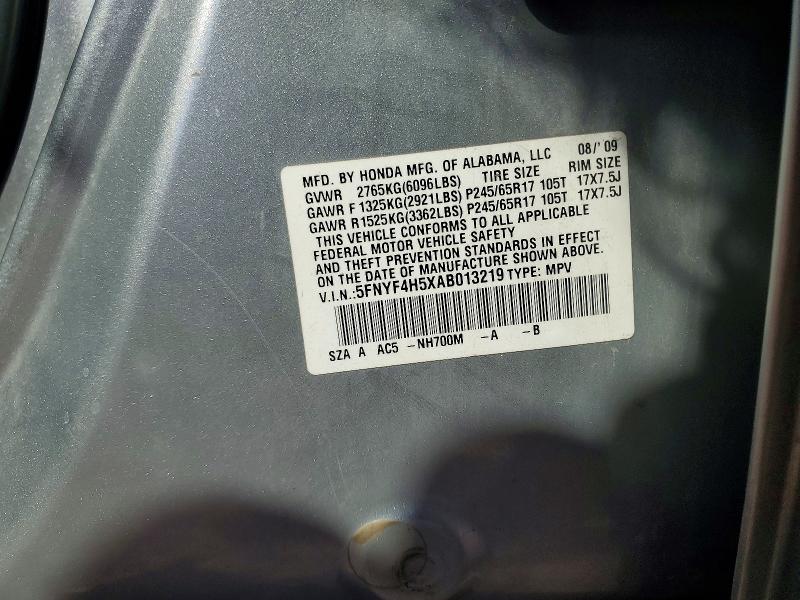 46411656 :رقم المزاد ، 5FNYF4H5XAB013219 vin ، 2010 Honda Pilot مزاد بيع