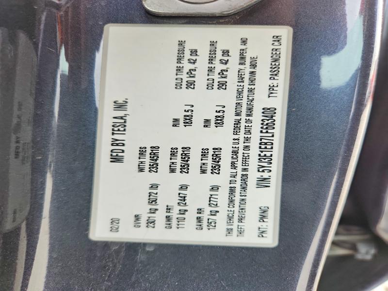 41768056 :رقم المزاد ، 5YJ3E1EB7LF663408 vin ، 2020 Tesla Model 3 مزاد بيع