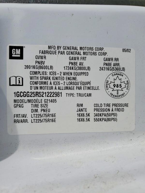 Продаж на аукціоні авто 2002 Chev Express G2500, vin: 1GCGG25R521222981, номер лоту: 45630296