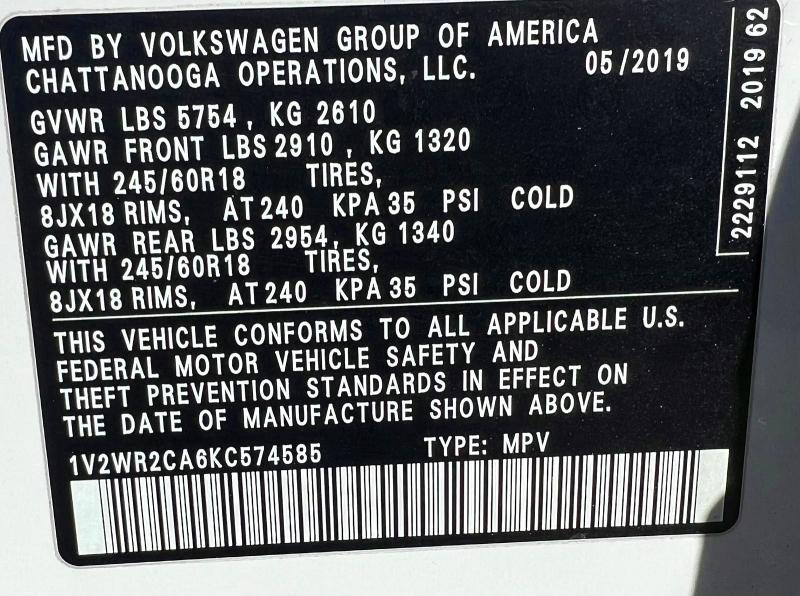 Aukcja sprzedaży 2019 Volkswagen Atlas, vin: 1V2WR2CA6KC574585, numer aukcji: 45637316
