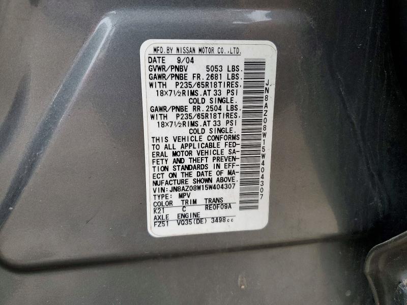 Продаж на аукціоні авто 2005 Nissan Murano, vin: JN8AZ08W15W404307, номер лоту: 48066696