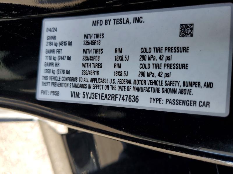 Продаж на аукціоні авто 2024 Tesla Model 3, vin: 5YJ3E1EA2RF747636, номер лоту: 79271925