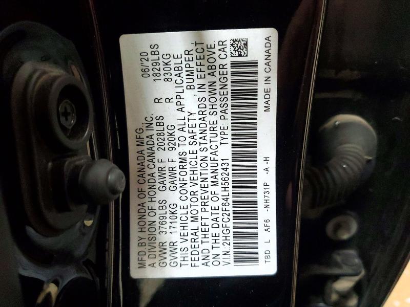 2020 Honda Civic მანქანა იყიდება აუქციონზე, vin: 2HGFC2F64LH562431, აუქციონის ნომერი: 79730445