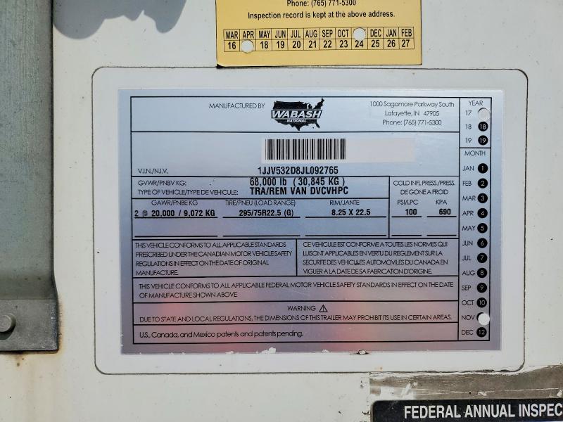 46009236 :رقم المزاد ، 1JJV532D8JL092765 vin ، 2018 Wabash Dry Van مزاد بيع