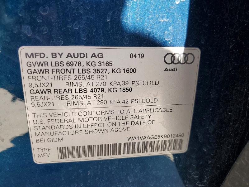 46029156 :رقم المزاد ، WA1VAAGE5KB012480 vin ، 2019 Audi E-tron مزاد بيع