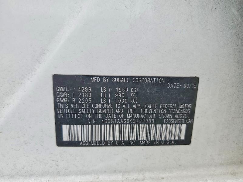Aukcja sprzedaży 2019 Subaru Impreza, vin: 4S3GTAA60K3733388, numer aukcji: 48005626