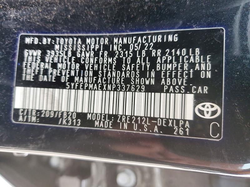 Продаж на аукціоні авто 2022 Toyota Corolla, vin: 5YFEPMAEXNP337629, номер лоту: 78382095