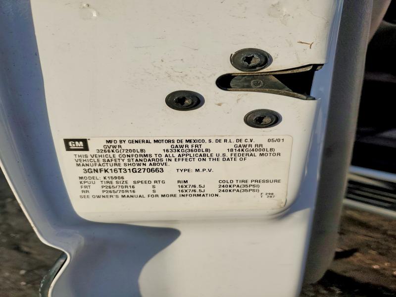 2001 Chevrolet Suburban მანქანა იყიდება აუქციონზე, vin: 3GNFK16T31G270663, აუქციონის ნომერი: 46086406