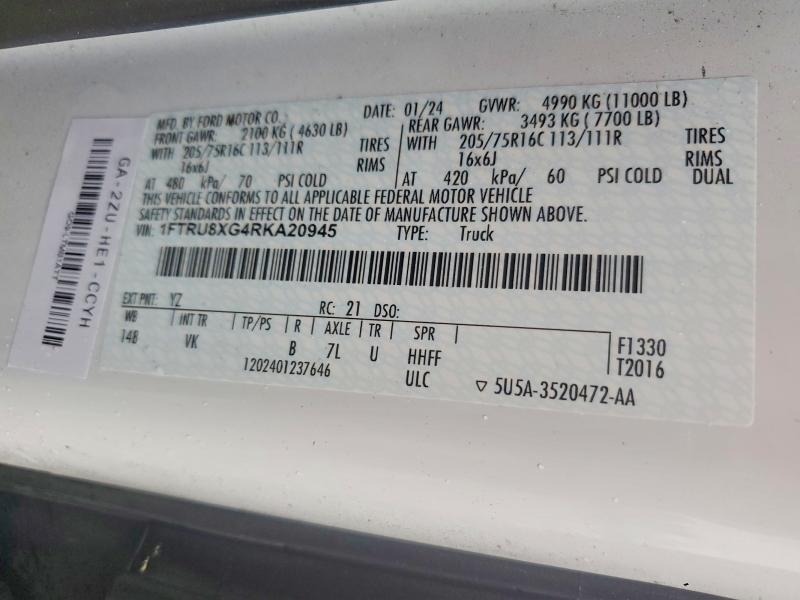 2024 Ford Transit მანქანა იყიდება აუქციონზე, vin: 1FTRU8XG4RKA20945, აუქციონის ნომერი: 41875046