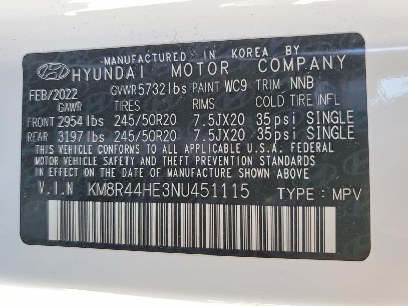2022 Hyundai Palisade მანქანა იყიდება აუქციონზე, vin: KM8R44HE3NU451115, აუქციონის ნომერი: 47232286
