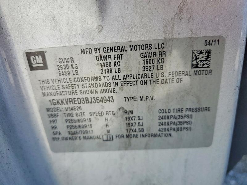 46051876 :رقم المزاد ، 1GKKVRED3BJ364943 vin ، 2011 Gmc Acadia مزاد بيع