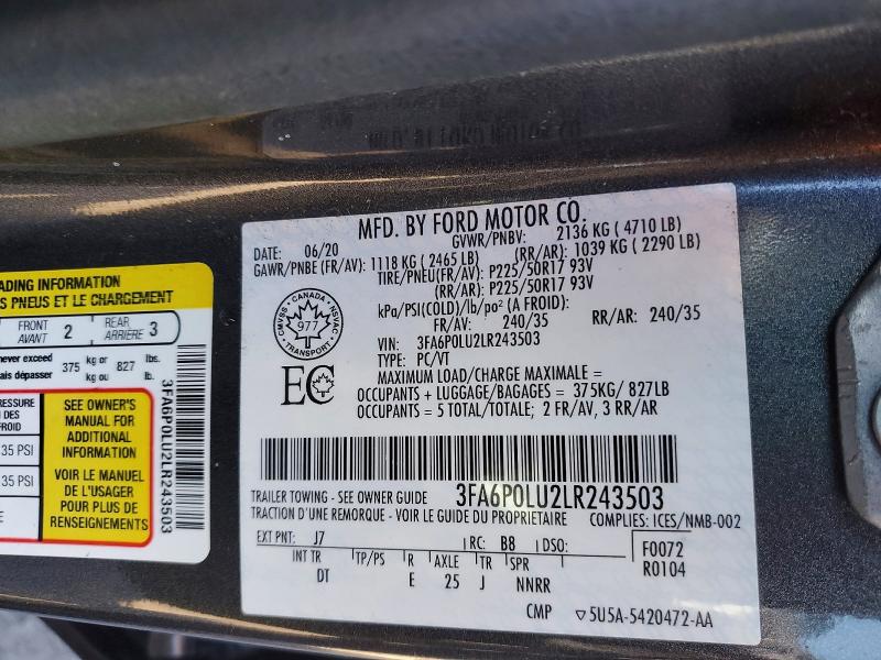 2020 Ford Fusion Se Hev 4dr მანქანა იყიდება აუქციონზე, vin: 3FA6P0LU2LR243503, აუქციონის ნომერი: 47621766