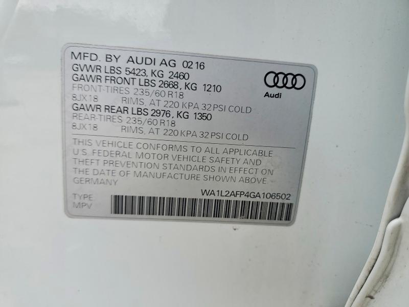 2016 Audi Q5 მანქანა იყიდება აუქციონზე, vin: WA1L2AFP4GA106502, აუქციონის ნომერი: 46735466