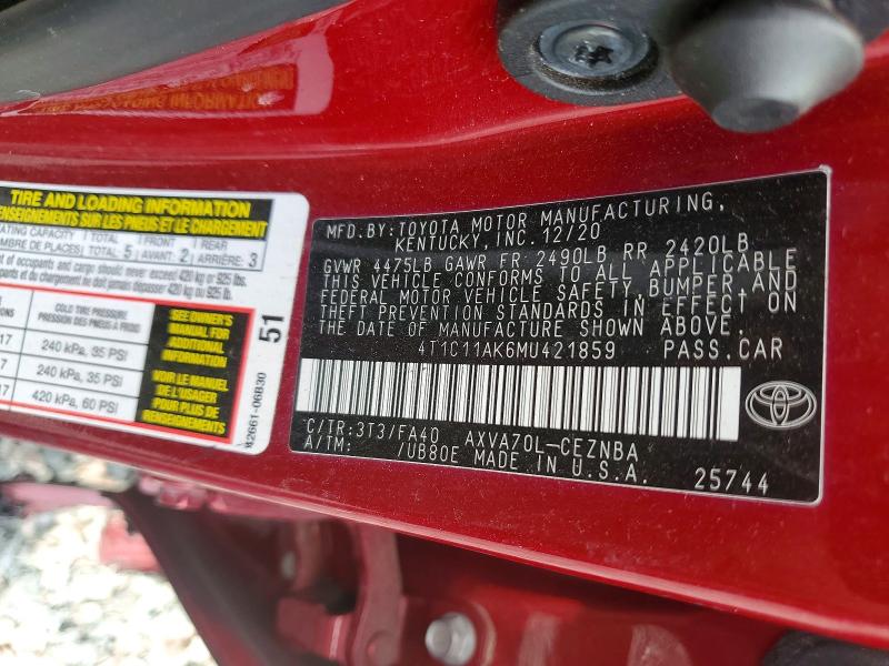 Aukcja sprzedaży 2021 Toyota Camry, vin: 4T1C11AK6MU421859, numer aukcji: 47449086