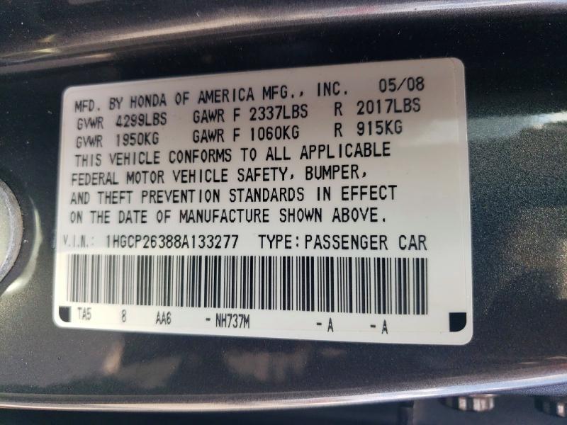 2008 Honda Accord მანქანა იყიდება აუქციონზე, vin: 1HGCP26388A133277, აუქციონის ნომერი: 45636266