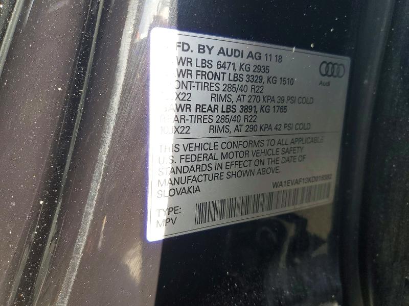 2019 Audi Q8 მანქანა იყიდება აუქციონზე, vin: WA1EVAF13KD018382, აუქციონის ნომერი: 46698966