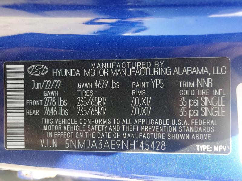 Продаж на аукціоні авто 2022 Hyundai Tucson, vin: 5NMJA3AE9NH145428, номер лоту: 46953736