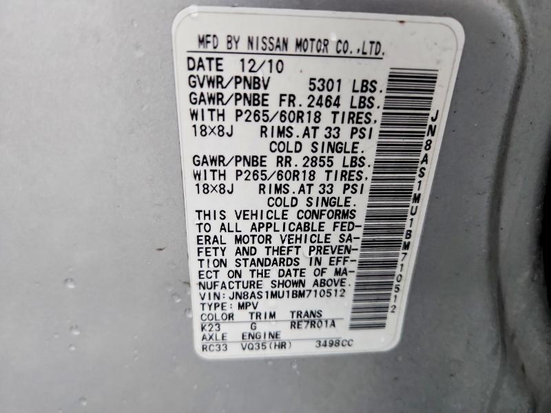 45851256 :رقم المزاد ، JN8AS1MU1BM710512 vin ، 2011 Infiniti Fx35 مزاد بيع