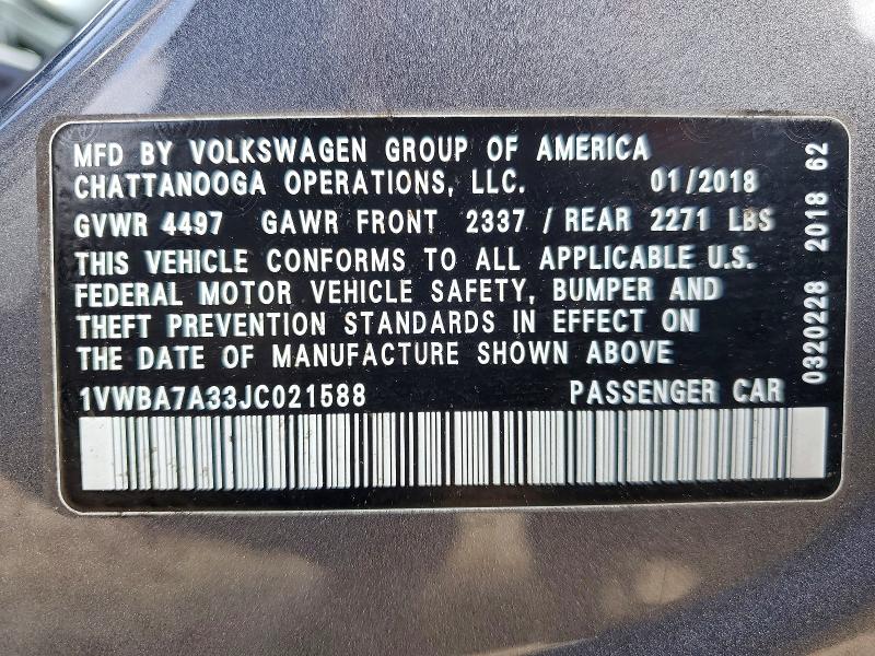 2018 Volkswagen Passat მანქანა იყიდება აუქციონზე, vin: 1VWBA7A33JC021588, აუქციონის ნომერი: 47558446