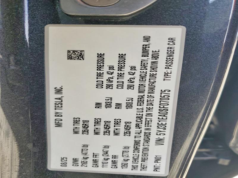 2025 Tesla Model 3 მანქანა იყიდება აუქციონზე, vin: 5YJ3E1EA0SF070575, აუქციონის ნომერი: 47951886