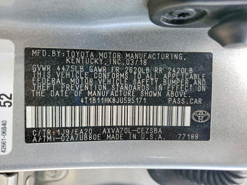 48111126 :رقم المزاد ، 4T1B11HK8JU595171 vin ، 2018 Toyota Camry مزاد بيع